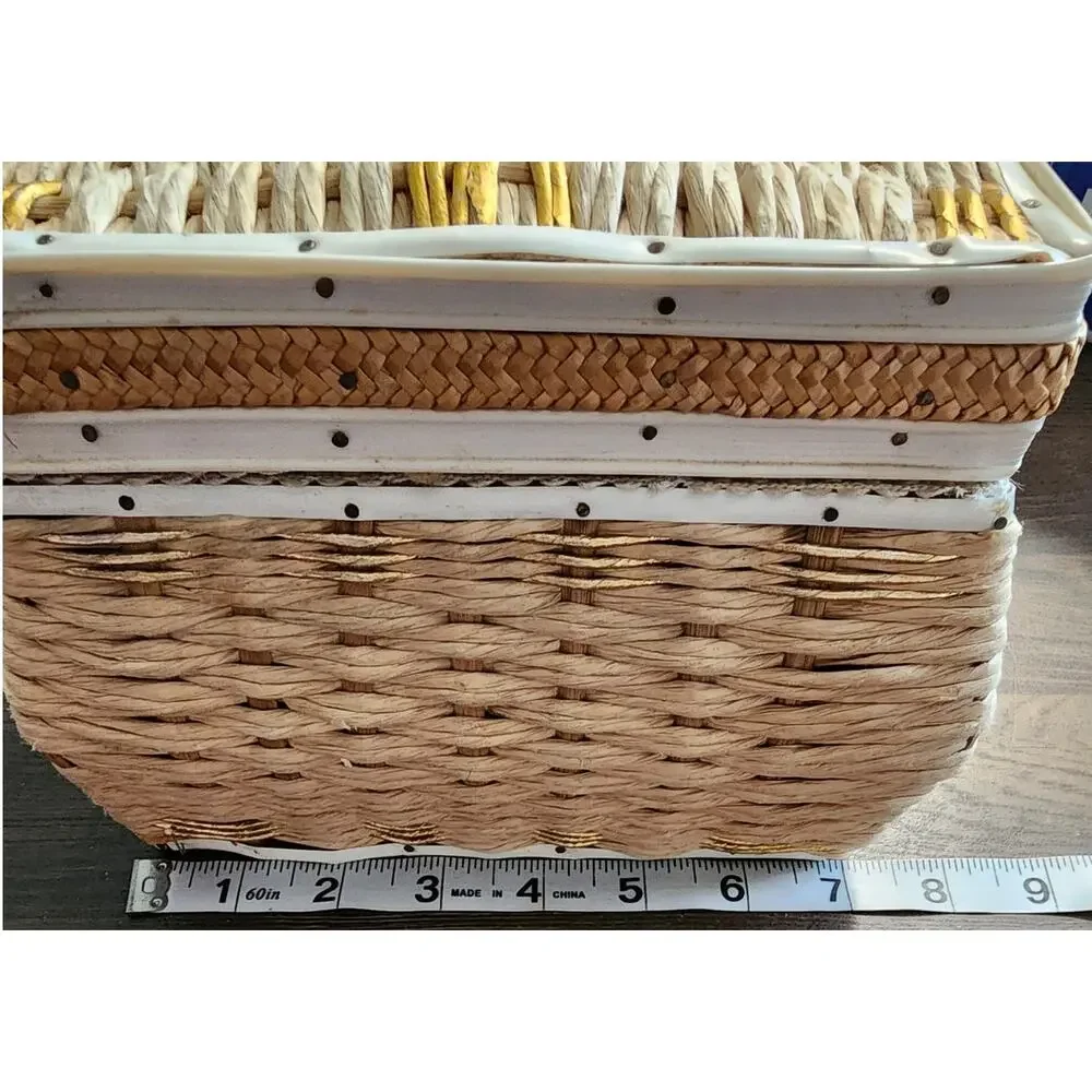 Vintage Natural Woven Fiber Woven Sewing Basket Lined Interior Box